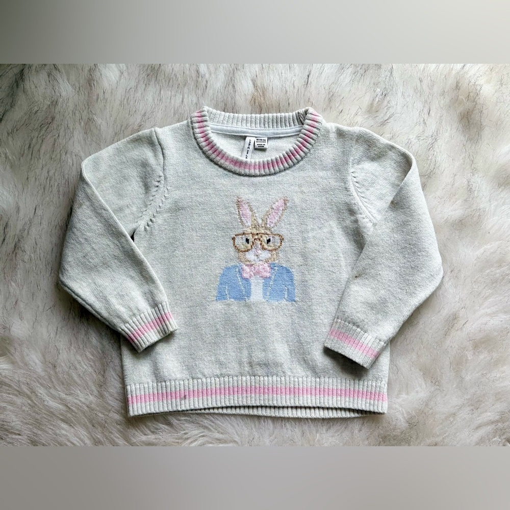 Janie and Jack Gray Knit Sweater with Pink and Blue Trim and Easter Bunny